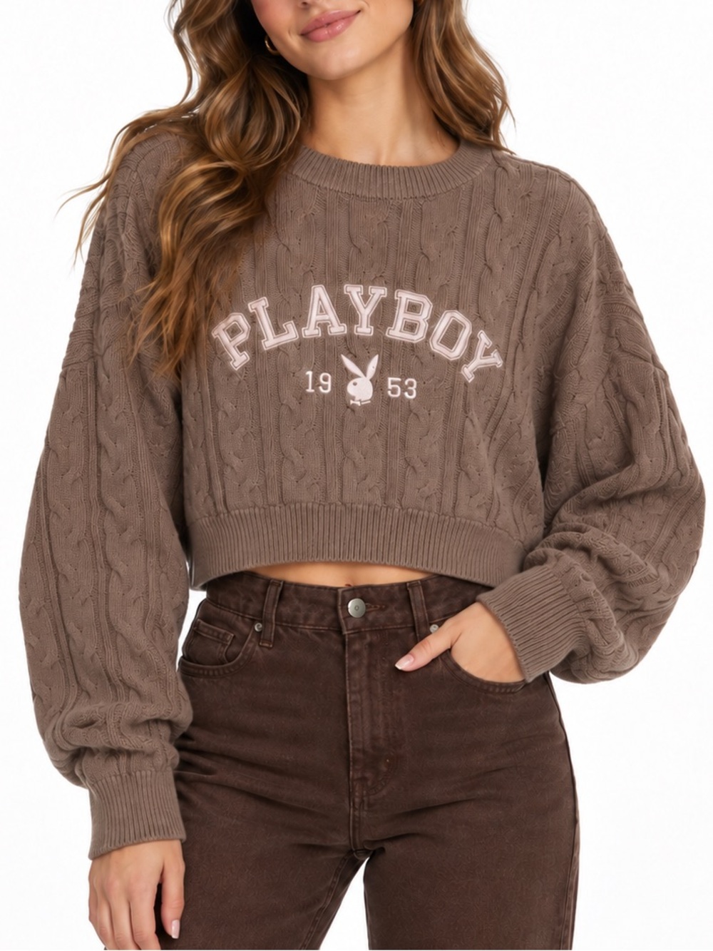 PLAYBOY X PACSUN CABLE KNIT CROPPED SWEATER S BROWN Y2K PREPPY VARSITY COQUETTE